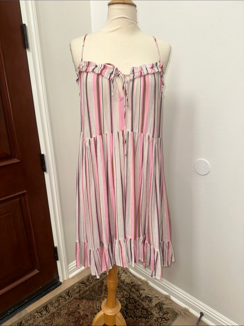 ENVY Pink and Cream Striped Spaghetti-Shoulder Midi Dress